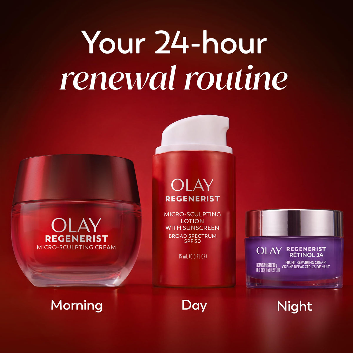 Olay Regenerist Restore 3 Steps Holiday Pack - Moisturizer 1.7 oz, SPF 30 Cream 0.5 oz, Retinol 24 Mini 0.5 oz - Anti-Aging, Hydrating & Firming Female Skin Care Gift Set