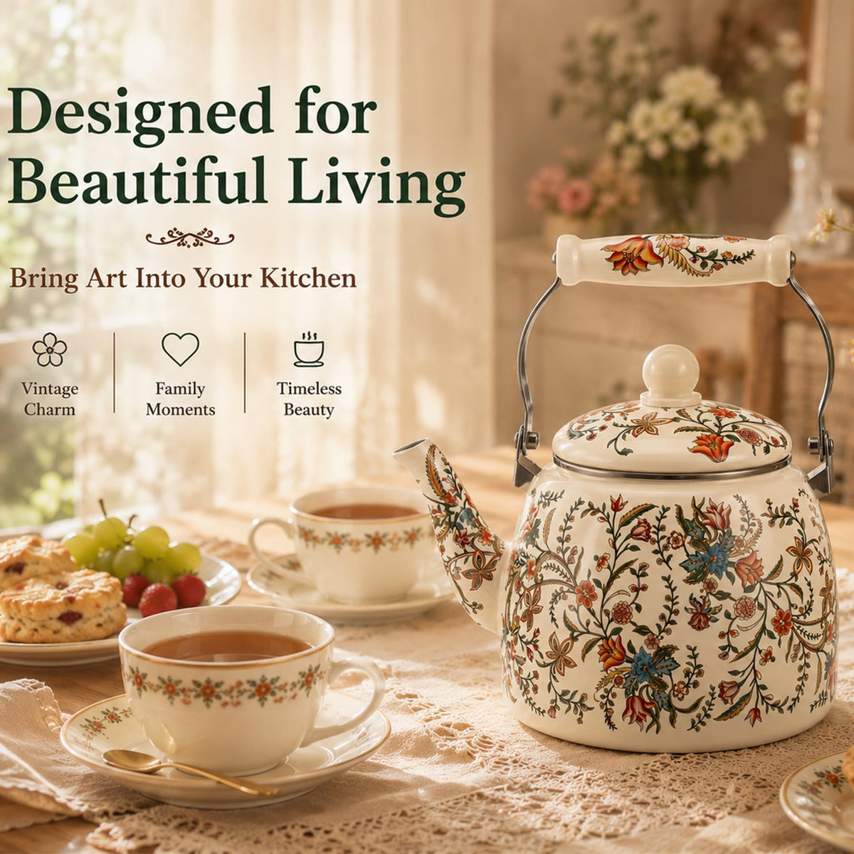OLYTARU 112 oz Floral Tea Kettle Pot for Stove Top, 3.5 QT Enamel Teapot