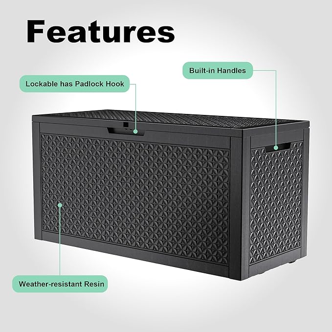 100 Gallon Resin Deck Box, Lockable Outdoor Storage Box for Patio Cushions Storage Furniture,Garden Tools, Pool Supplies, Weatherproof and UV Resistant（Black L）