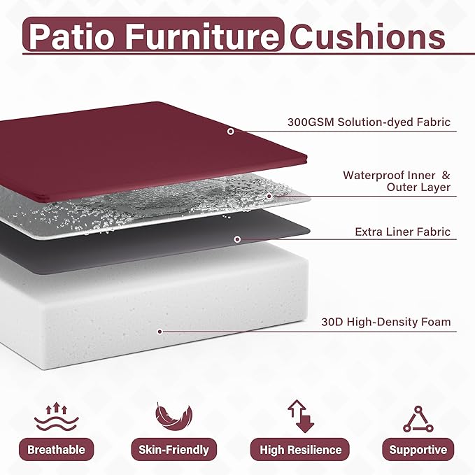 Patio Chair Cushions 22 X 22 X 4 Inch Waterproof Outdoor Seat Cushions for Patio Furniture, Outdoor Sofa Couch Pads with Ties & Handle, Set of 2, Burgundy