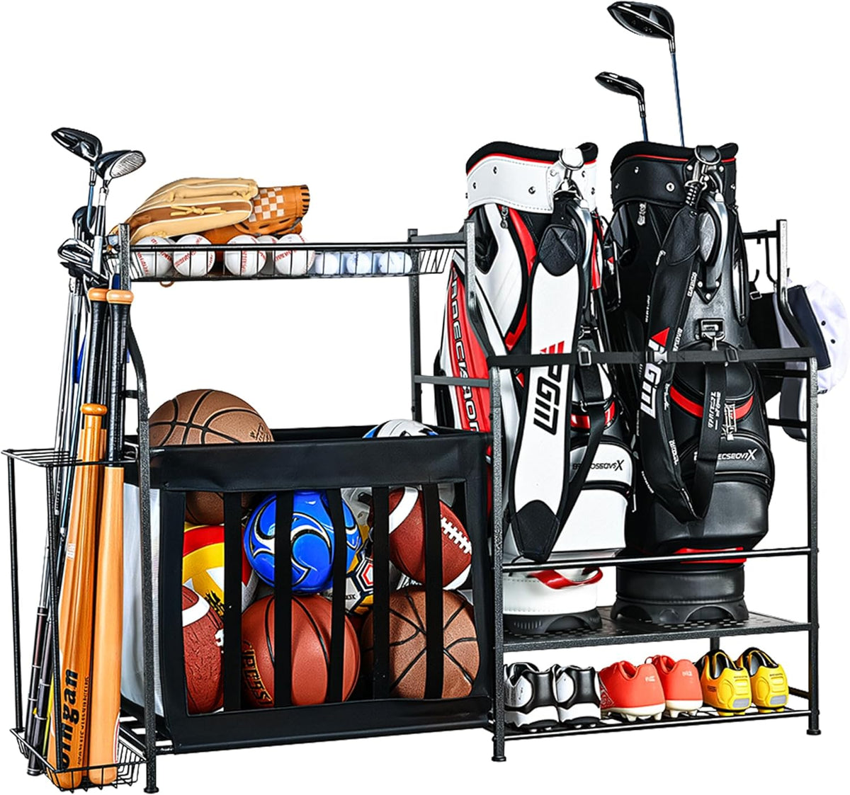 PLKOW Sports Equipment Organizer Rack, Garage Ball Rack, 2 Golf Bag Storage and Sports Gear Organizer for Garage