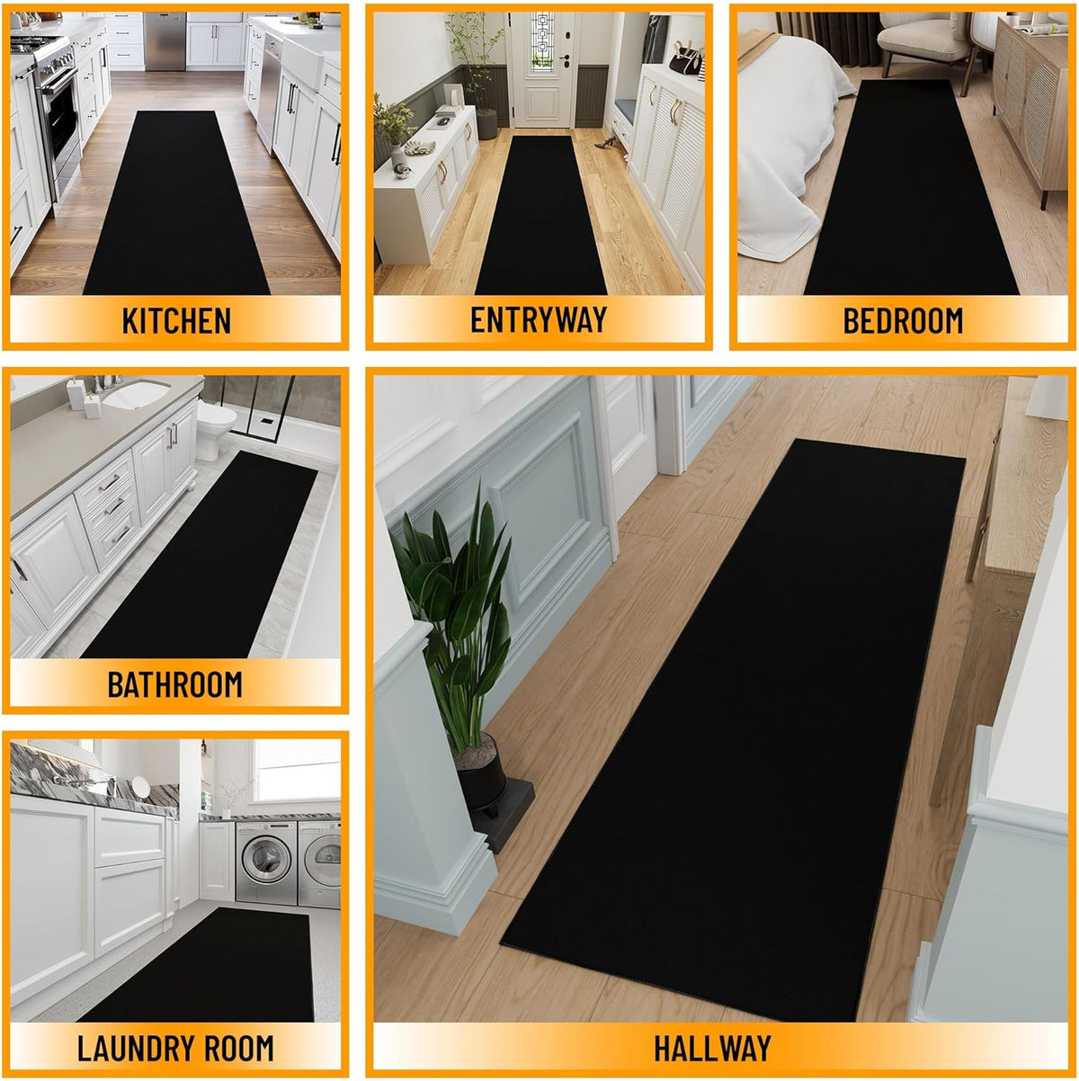 Ottomanson Hallway Runner Rug 2'7" x 12' Non Slip Solid Area Rugs Easy to Clean Laundry Rug Runner Durable & Pet Friendly Floor Carpet Runners for Hallways Entryway Living Room Kitchen, Black