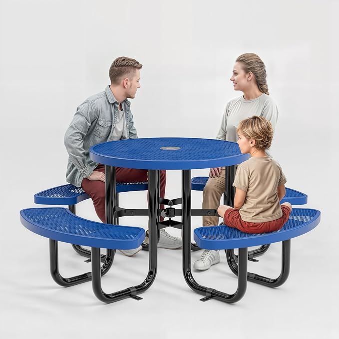 Metal Picnic Tables for Outdoors with Umbrella Hole - Coated Steel Heavy Duty Commercial Grade Table with Adjustable Seats (Blue, 38 in, Round, Expanded Steel)