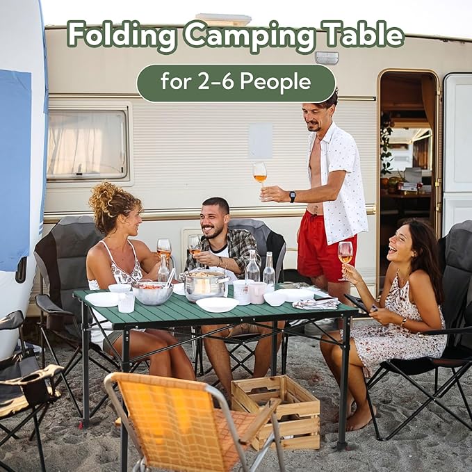 Portable Outdoor Adjustable Height Camping Table, Large for 2-6 Person, Foldable Roll-up Aluminum Camp Table with Carry Bag for Picnic, Camp, Sturdy, Stable, Loads 220 Lbs (Green)