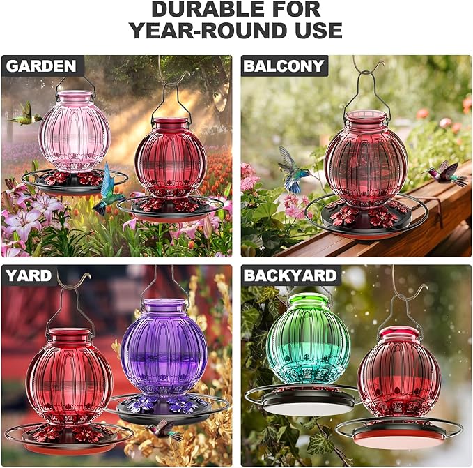 2 Pack Glass Hummingbird Feeder for Outdoors Hanging, Bird Nectar Feeder with Perch & 5 Flower Feeding Ports, 26 Oz Leak Proof for Outside Garden Decor Backyard, Gifts for Women Mom, Red