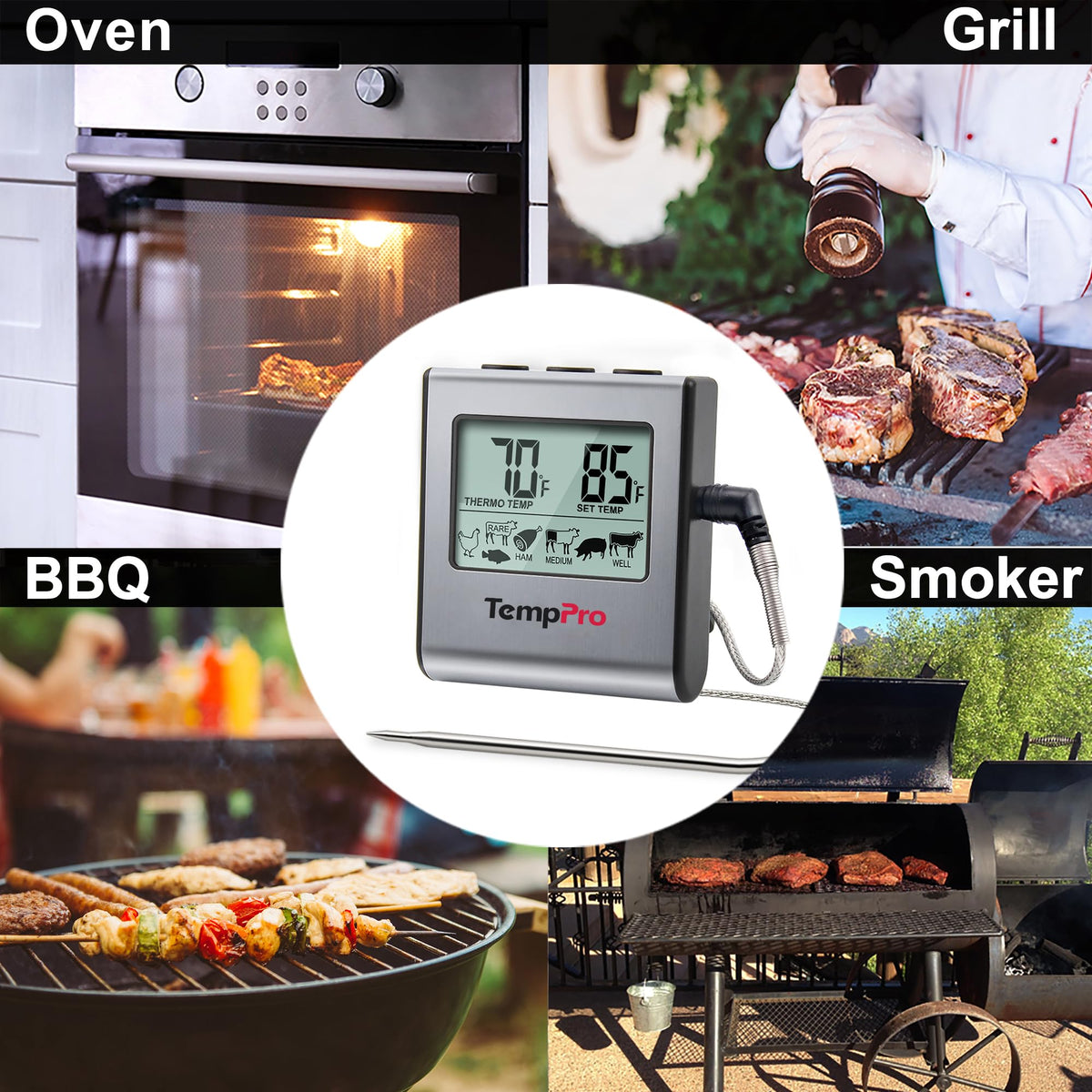 TempPro TempTrack Large LCD Digital Meat Thermometer for Cooking, Smoking