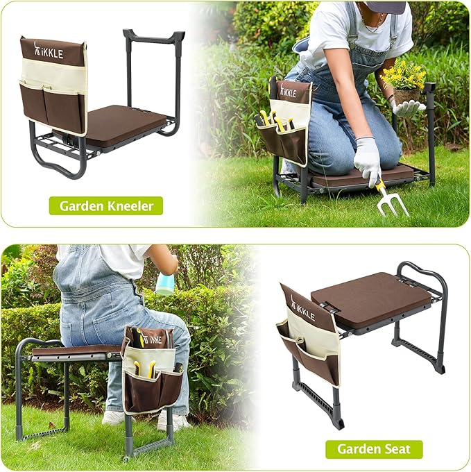 ikkle Garden Kneeler and Seat Gardening Stool Kneeler Folding Gardening Bench with Thicker Detachable Kneeling Pad and Tool Store Pouches (Brown)