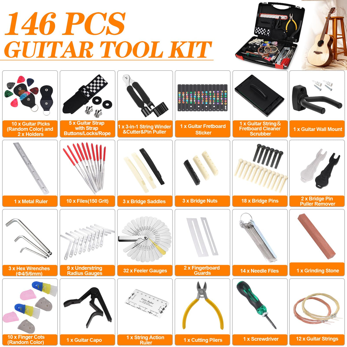146 Pcs Guitar Tool Kit, Professional Guitar Repair Kit, Guitar Maintenance Kit with Guitar Tools Accessories and Carry Bag, Guitar Setup Kit for Electric Guitar Acoustic Guitar Ukulele Banjo Bass