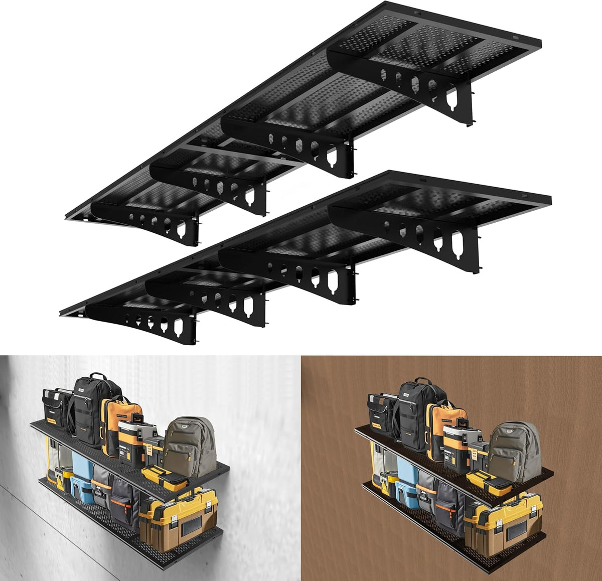 New 4 Pack Garage Wall Shelving, Heavy Duty 1.5' x 3.8' Wall Mount Storage Shelf with Hooks, Garage Storage Rack Floating Shelves, Holds 250 lbs Each