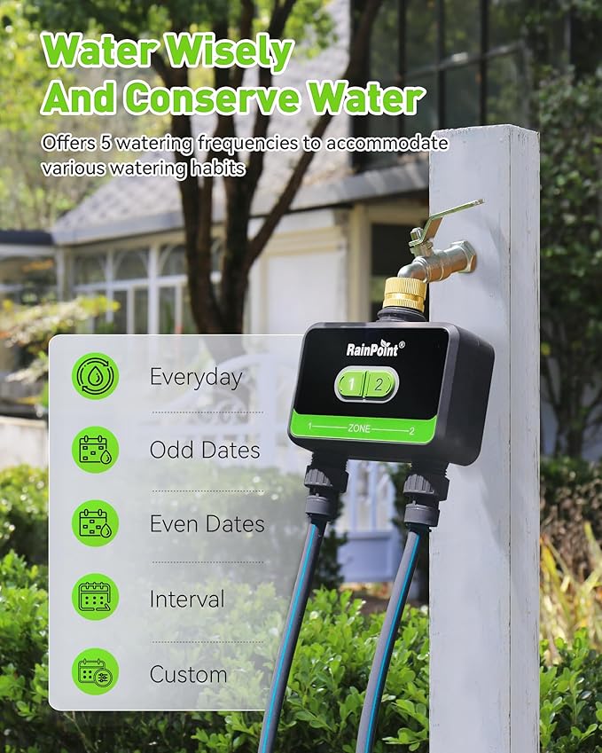 RainPoint WiFi Water Timer for Garden Hose with Brass Inlet, 2-Zone Smart Hose Timer, WiFi Irrigation Controller, Automatic Sprinkler Watering System for Lawns and Yard