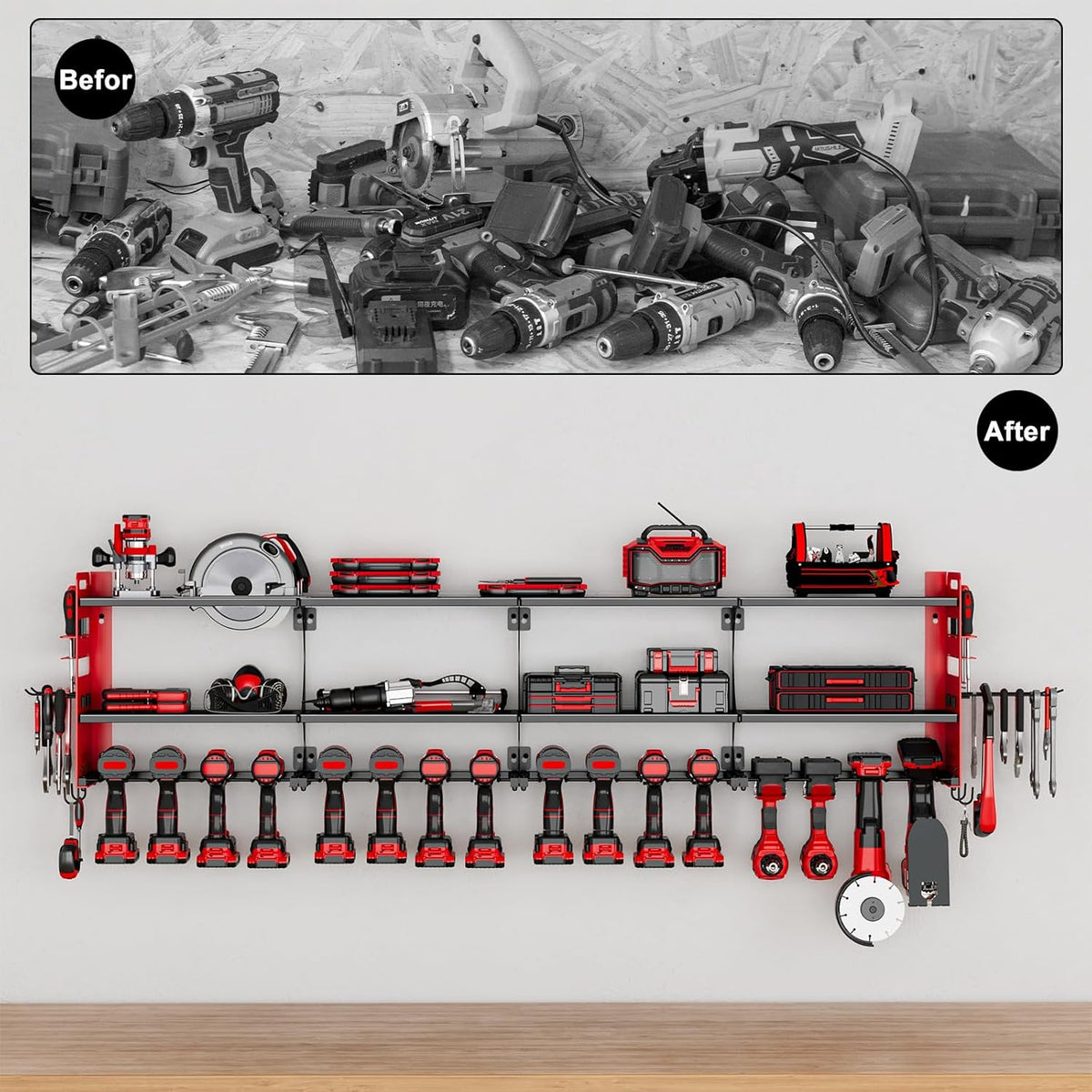 64" Power Tool Organizer Wall Mount, 16 Slots, 3-Tier Drill & Cordless Tool Storage Holder with Pegboard Sides, Tool Wall Organizer for Garage & Workshop Red