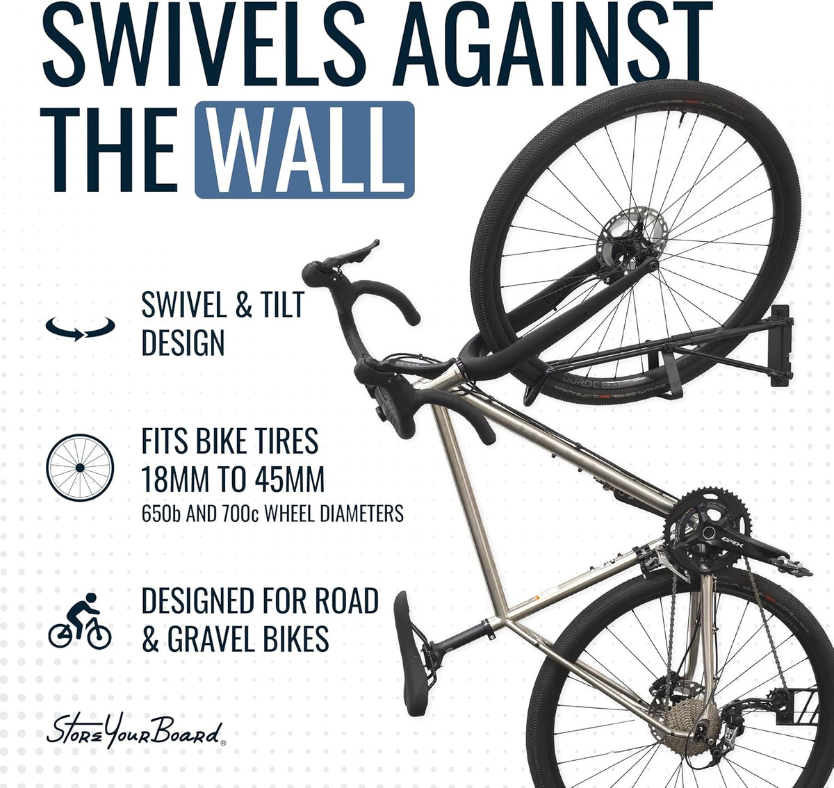 StoreYourBoard SwivelStow Road & Gravel Bike Storage – Heavy Duty Bike Hanger, No-Lift Bike Wall Mount for Garage Bike Storage, Holds 70 lbs, Patent-Pending