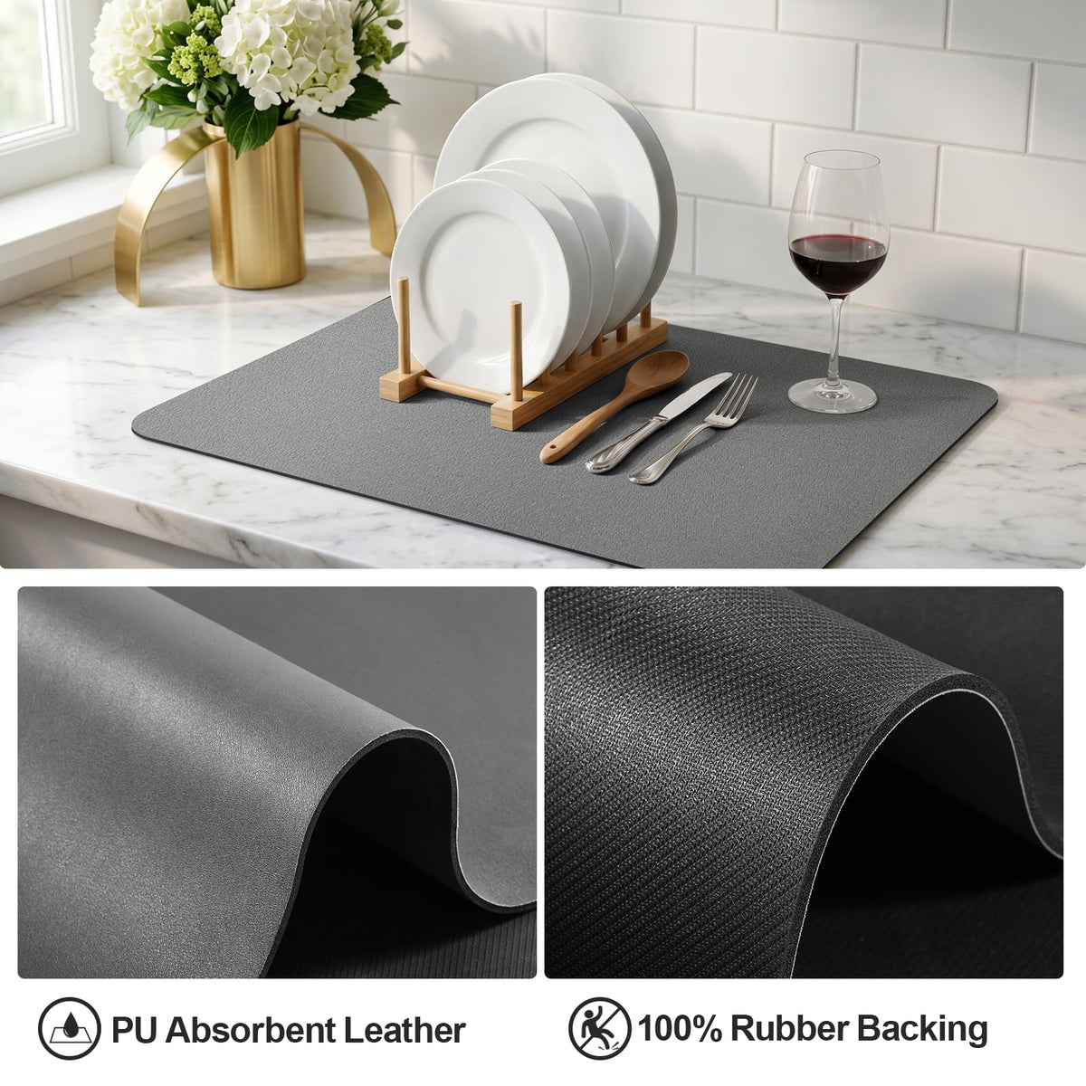 Ecotrim - Dish Drying Mat for Kitchen Counter | Coffee Bar Mat for Countertops | Heat Resistant Drainer Mat with Non-slip Rubber Backed | Hide Stain Kitchen Absorbent Draining Mat | Dark Grey 16"x18"