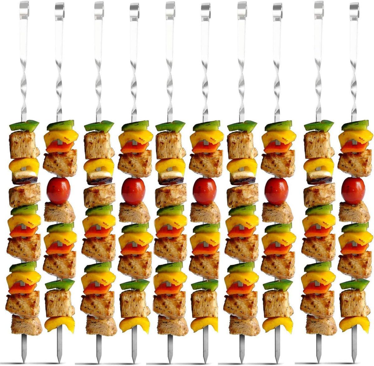 Antallcky 12 Pack Kebab Skewers BBQ Barbecue Skewers Stainless Steel Sticks 23.5 Inch Heavy Duty Large Wide Reusable with NonSlip Ring Handle Ideal for Shish kabob Chicken Shrimp angd Vegetables