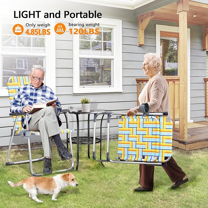 VINGLI Aluminum Patio Lawn Chairs Folding Set of 2 with Detachable Cup Holder, Webbed Beach Chair Folding Chair Outdoor Portable Camping Chair for Yard, Garden