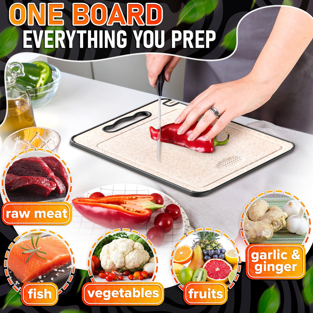 Titanium Cutting Board with Knife Sharpener, 14.3"x9.8", Double Sided