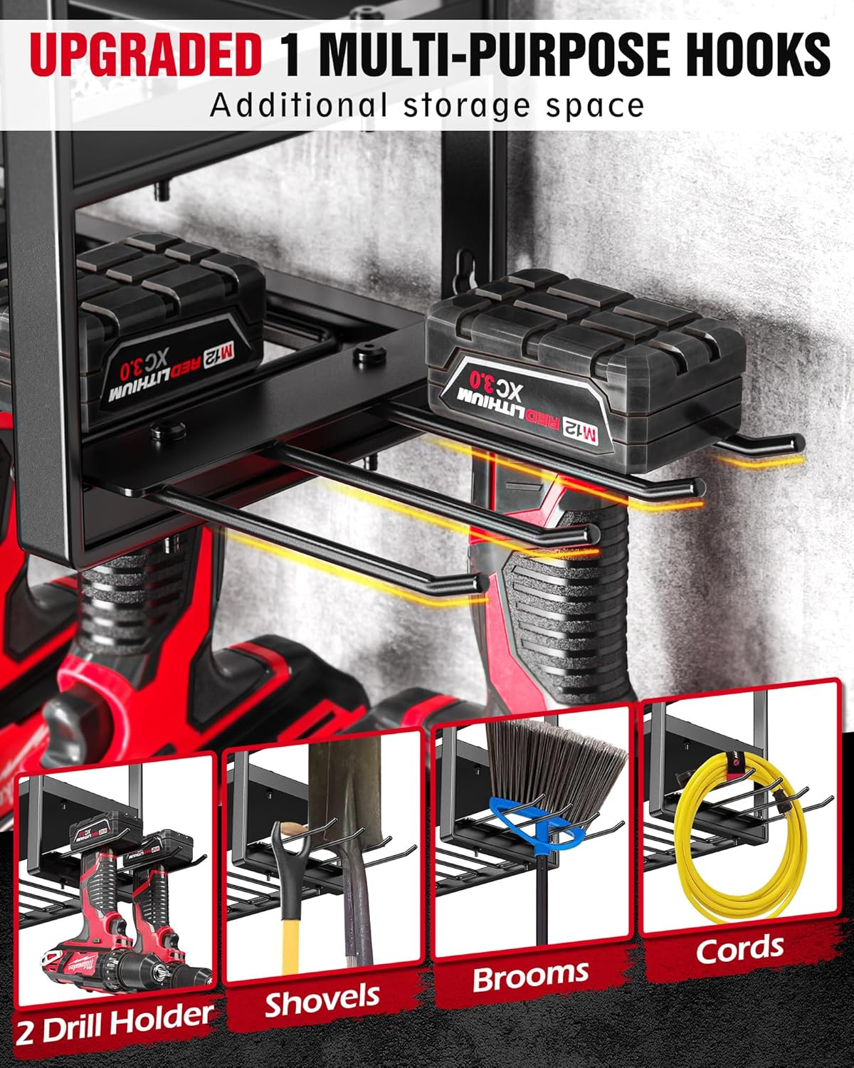 MAXIFFE 4 Layer Power Tool Organizer Wall Mount, Heavy Duty Metal Cordless Tool Organizers and Storage Rack Holder with 6 Drill Holders for Garage Storage Organization, Gifts for Men, Black, 16 inch