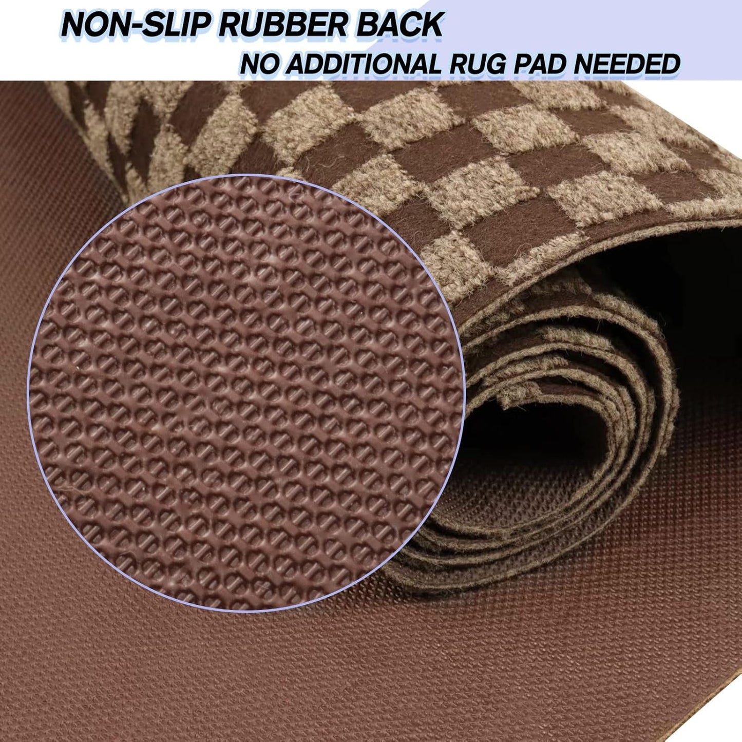 Custom Size Backed Non-Slip Area Rugs Runner, Easy Clean, Waterproof Runner Rugs for Hallway Entryway, Kitchen, Laundry, 4FT x 14FT, Brown Checkered