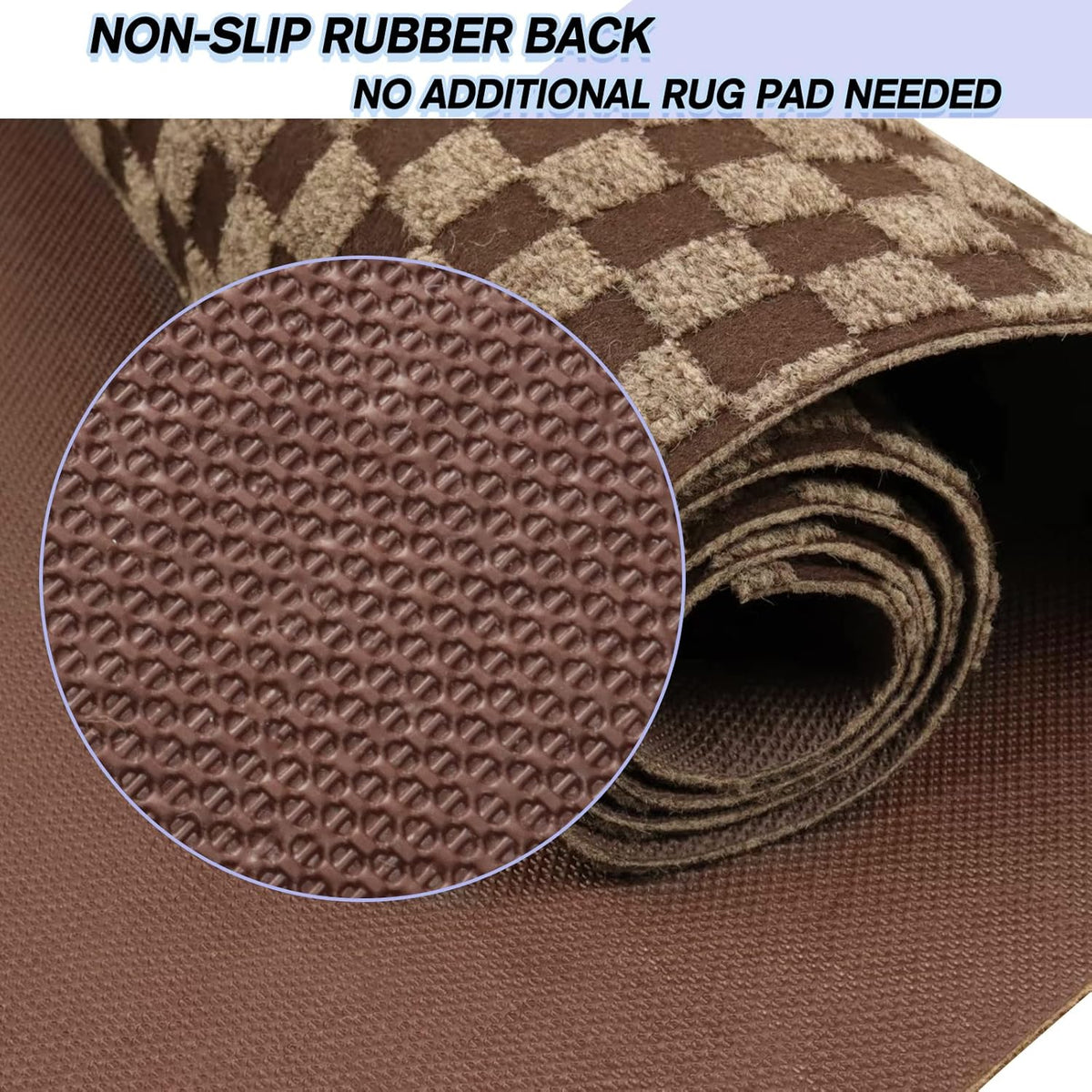 Custom Size Backed Non-Slip Area Rugs Runner, Easy Clean, Waterproof Runner Rugs for Hallway Entryway, Kitchen, Laundry, 4FT x 59FT, Brown Checkered