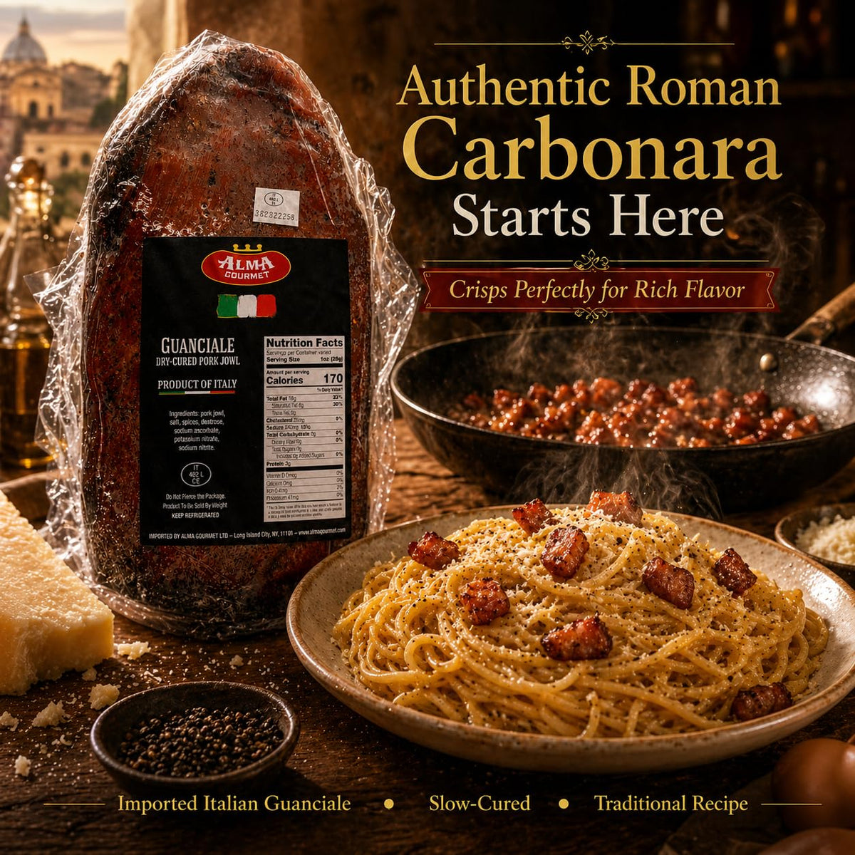 Alma Gourmet Guanciale From Italy - Italian Dry-Cured Pork Jowl, Aged 3 Months - Imported Cured Meat for Charcuterie - La Salameria - Approx. 2.8