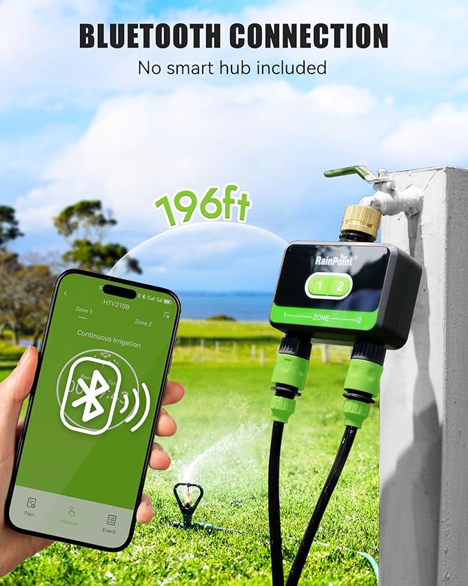 RAINPOINT Bluetooth Water Timer for Garden Hose, Smart Hose Timer 2 Outlet(Not Hub), Wireless Sprinkler Watering Timer with Rain Delay, Automatic Irrigation System for Lawns and Yard