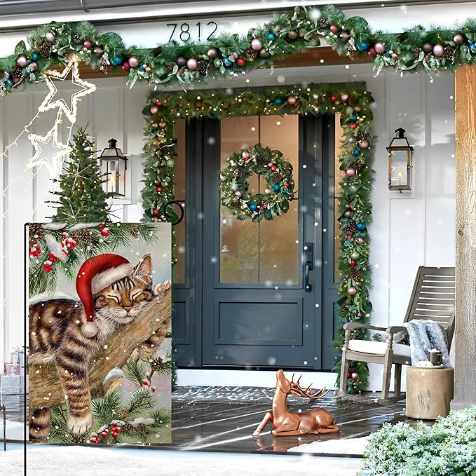 BLKWHT Winter Cat Garden Flag 12x18 Vertical Double Sided Christmas Holiday Outside Decorations Burlap Yard Flag BW738
