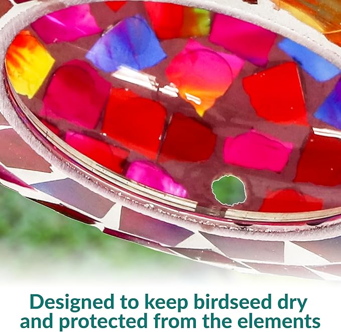 Sunnydaze 6-Inch Glass Mosaic Hanging Bird Feeder for Outdoors - Fly-Through Wild Bird Feeder - Crimson Mosaic