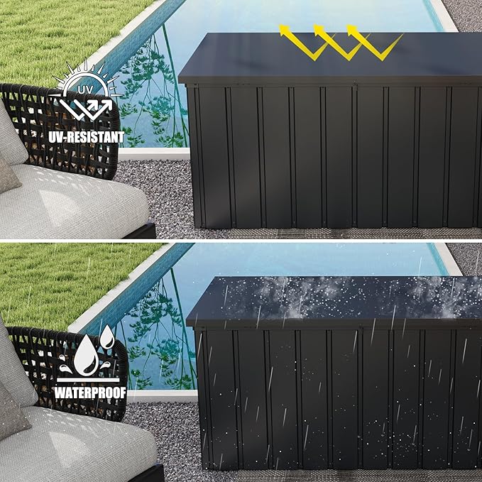 Domi Deck Box 200 Gallon, Waterproof Lockable Steel Outdoor Storage Container for Outside Cushions, Garden Tools and Pools Equipment(Gray)