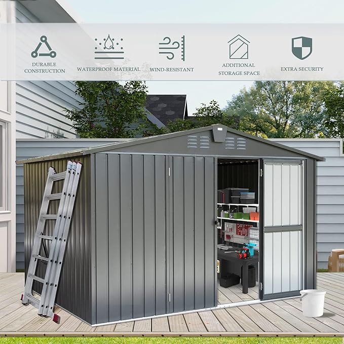 Domi Outdoor Storage Shed 10' x 8’, Metal Garden Shed with Galvanized Steel Frame for Bike, Tools, Lawn Mowers, Pool Toys, Outdoor Storage Cabinet with Lockable Door for Garden Lawn Patio (Dark Grey)