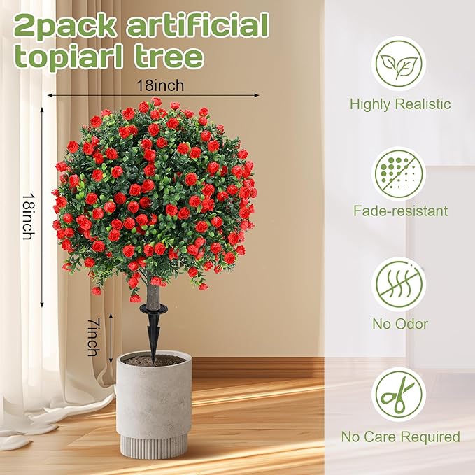 Artificial Red Rose Topiary Ball Tree 25" with Ground Spike, Set of 2 Artificial Boxwood Bushes for Faux Shrubs, Fake Evergreen Faux Plant for Indoor Outdoor Porch Garden -UV Resistant–Fade-Proof