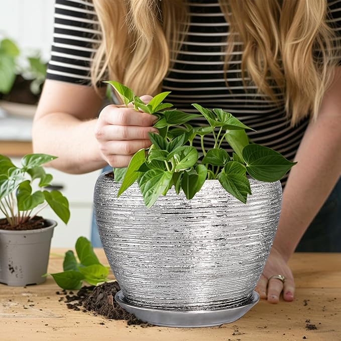 Pot for Plants 8 Inch - Ceramic Plant Pot Indoor with Drainage Hole and Saucer Decorative Planter for Indoor Plants Modern Round Flower Pot for Home Decor Silver
