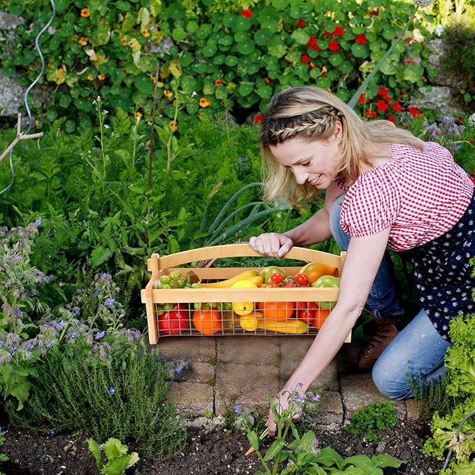 Large Garden Hod Harvest Basket 19 x 11 x 6 Inch, Wooden Gathering Basket with Handle Gardening Gifts for Mom Father Grandma Women Gardener Birthday Washing and Holding Fruit Vegetable