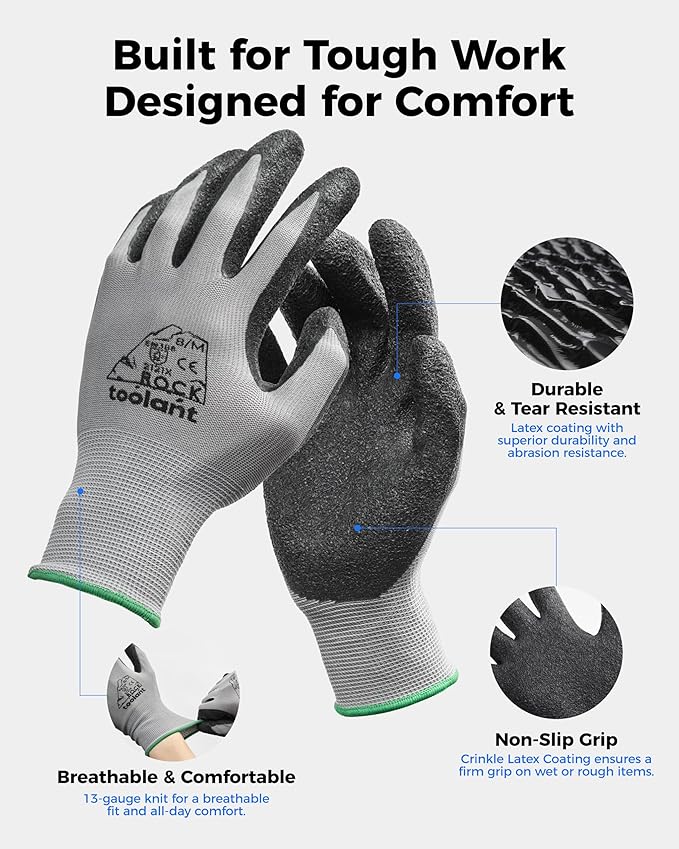 toolant Crinkle Latex Work Gloves Bulk, Rubber Coated Safety Work Gloves for Men and Women, 12 Pairs for Construction, Gardening, Warehouse (Gray, Large)