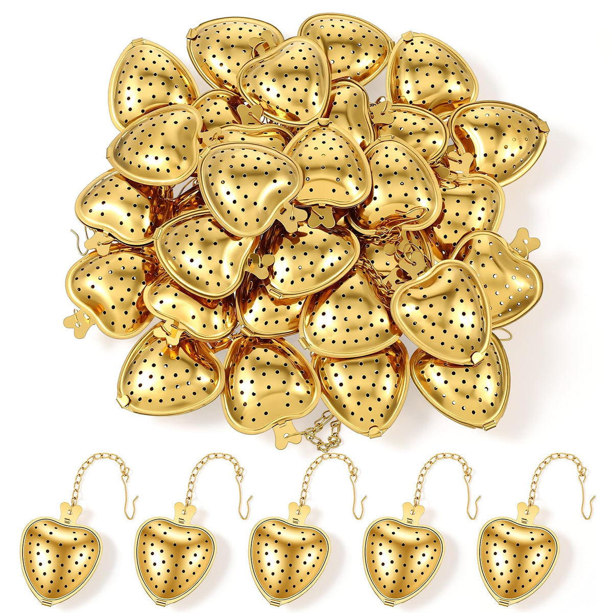 50pcs Heart Shaped Tea Strainers for Loose Tea Filter, Stainless Steel Tea Strainer Ball Infuser Tea Steeper Mesh Filters with Extended Chain Chain Hook for tea party Seasonings Cup Bottle(Gold)