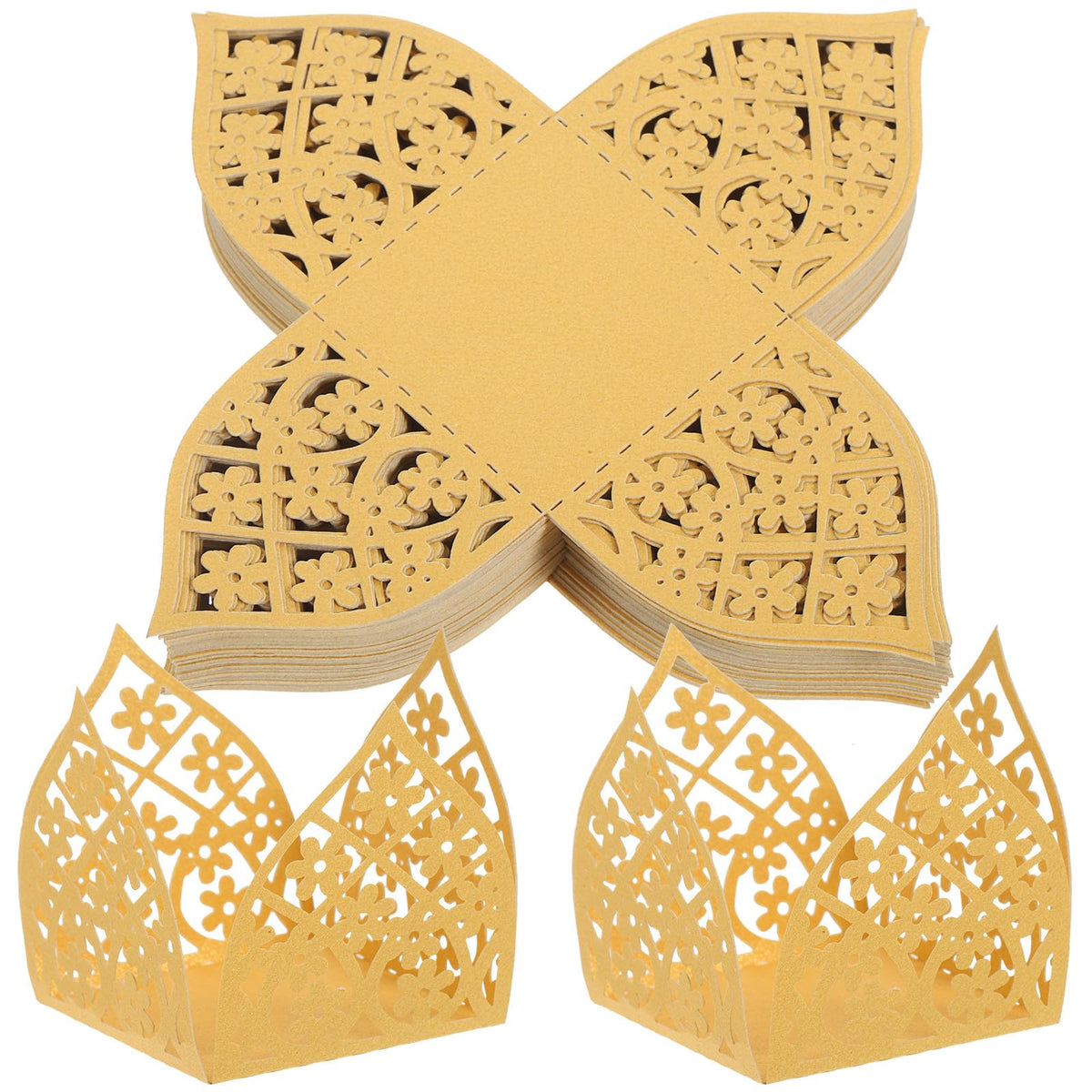 NULYLU Wedding Candy Packaging Wrappers 50pcs Gold Dessert Paper Hollow Cups Chocolate Wrappers Small Party Candy Truffle Holders for Wedding