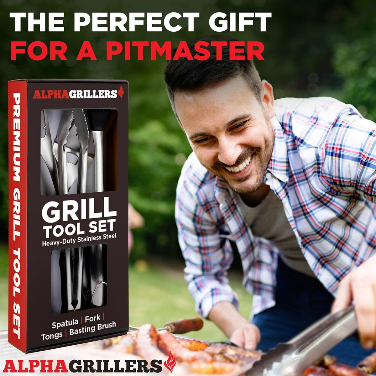 Alpha Grillers Grilling Accessories - BBQ Accessories Grill Gifts for Men Dad Him Husband Son Boyfriend Birthday - Barbecue Grilling Tools Utensils Set with Spatula, Fork, Brush, Tongs Kit