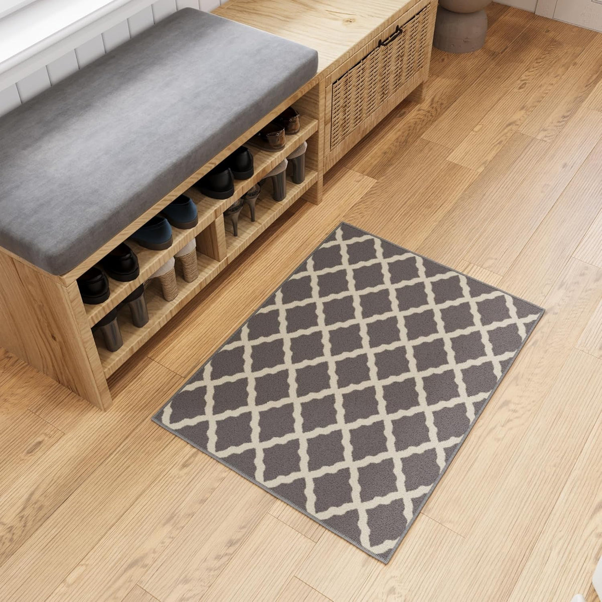 Ottomanson Rugs for Entryway 2'3" x 3' Non Slip Trellis Small Area Rugs Durable Front Door Mat Rug Stain Resistant Entrance Rugs for Bathroom Kitchen Bedroom & Living Room, Gray