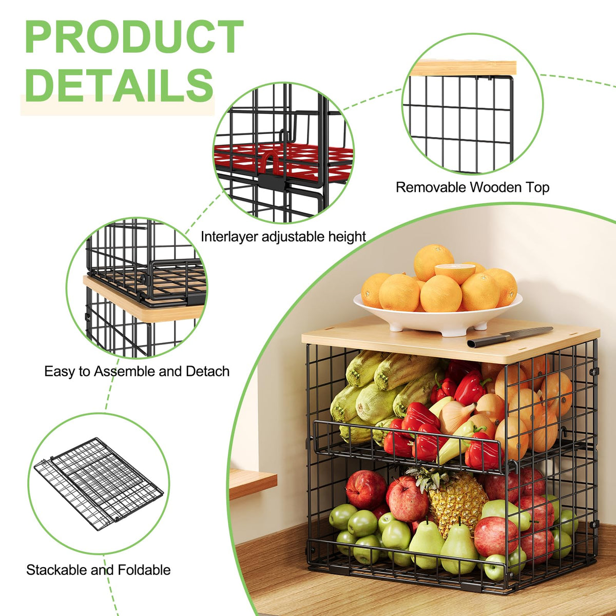 4 Pack Stackable Wire Baskets for Pantry Organizers and Storage, Pantry Baskets with Fixed Wooden Top, Fruit and Vegetable Storage Bins for Organizing Onion Potato Snack for Kitchen Cabinet/Countertop