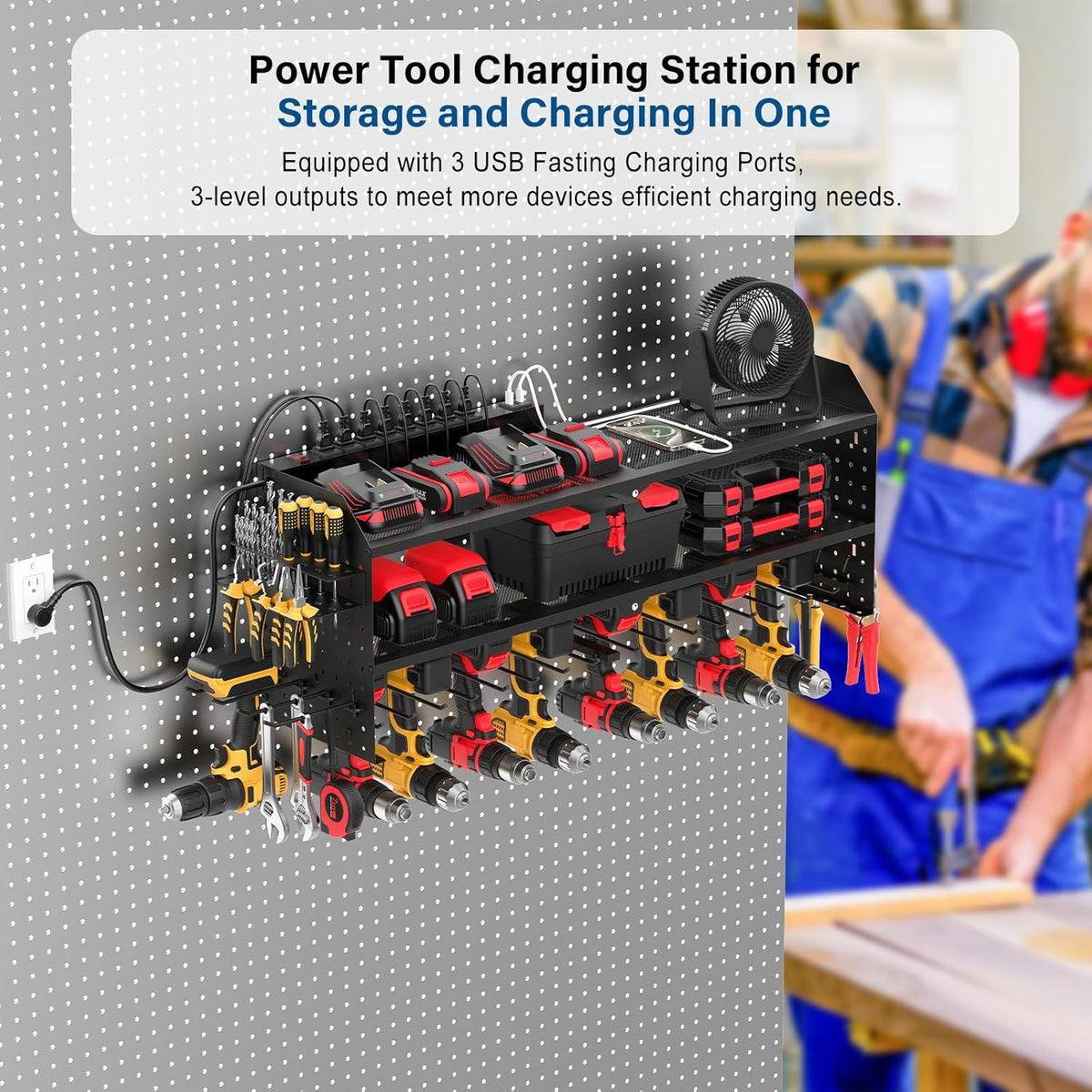 JUNNUJ Large Power Tool Organizer Wall Mount with Charging Station. Garage 8 Drill Holder Tools Battery Storage Shelf, Heavy Duty Utility Storage Rack Built in 8 Outlet 3 USB 10 FT Power Strip