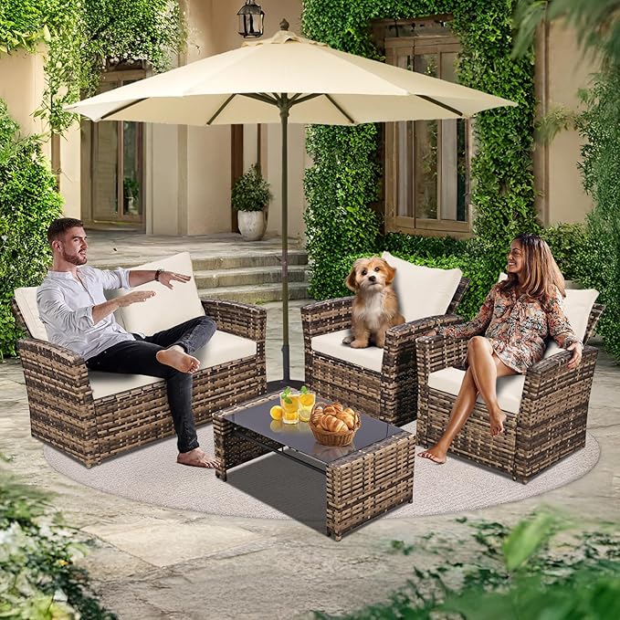 4 Piece Outdoor Patio Furniture Set,Wicker Conversation Sets Outdoor Sectional Patio Sofa Couch with Cushions & Coffee Table for Outside, Garden, Balcony, Porch,Yellow/Beige