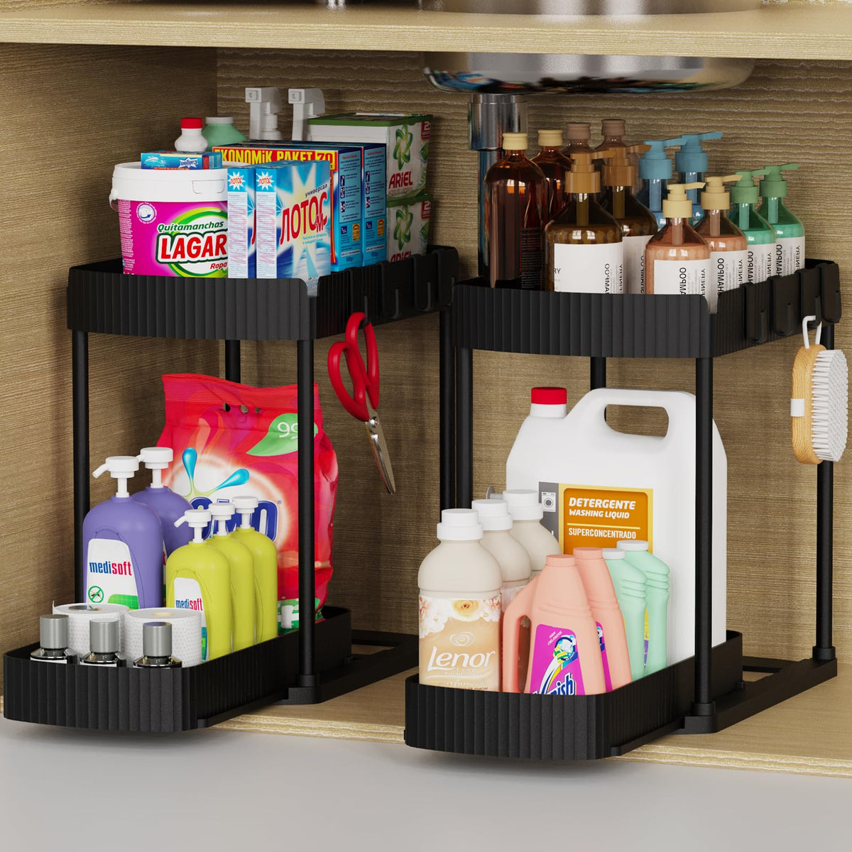 2 Packs Under Sink Pull-Out Storage Organizers, 14.8 Inches, Black
