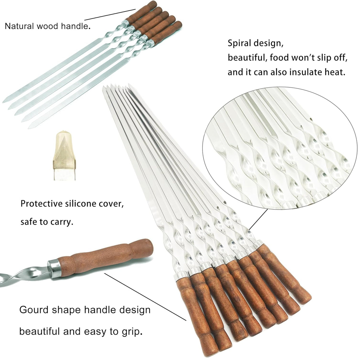 23.6 Inch Skewers for Kabobs 0.62 Inch Wide Kabob Skewer 8PCS Reusable Metal Skewers for Grilling Long Kebab Skewer Large Heavy Duty BBQ Sticks Stainless Steel Barbecue Sticks with Oak Handle