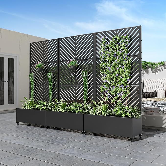 Casaphoria Metal Raised Garden Bed with Trellis and Wheels, 72"x35"x16" Planter Box for Climbing Plants, Vegetables & Vines, Features Drainage Holes and Privacy Screen (Black-Parallel)