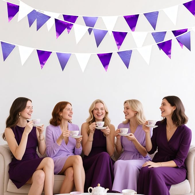 Purple and White Party Decorations Metallic Fabric Ombre Purple White Triangle Pennant Banner Flag Bunting for Graduation Birthday Engagement Wedding Bachelorette Lavender Lilac Violet Party Supplies