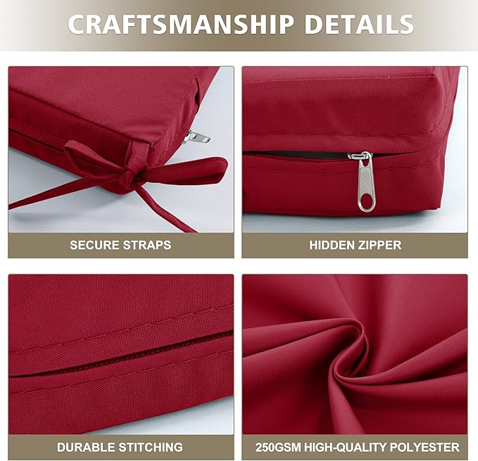 Outdoor Chair Cushions, Waterproof Outdoor Cushions for Patio Furniture w/Fade-Resistant, Removable & Machine-Washable Covers, 19x19 Inch, Ideal for Seat in Gardens/Porch – Set of 4, Burgundy