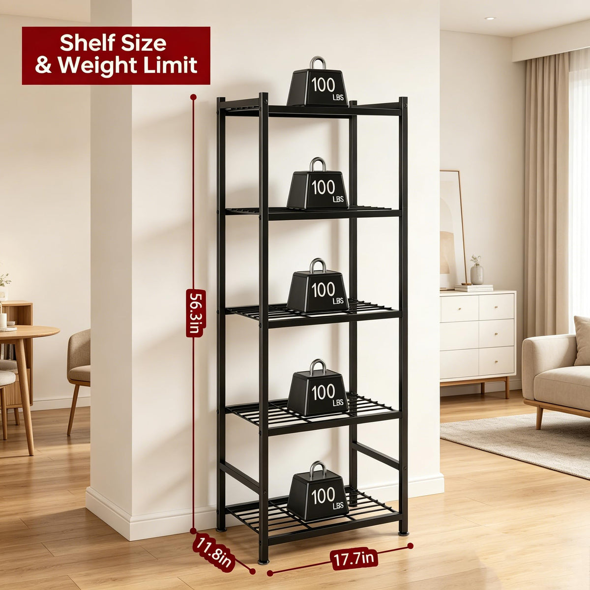 Tujurich Storage Shelves, 5-Tier Metal Shelving Unit with Leveling Feet, Shelf Organizer for Garage, Kitchen, Pantry and Closet Organization,17.7" x 11.8" x 56.3", Black