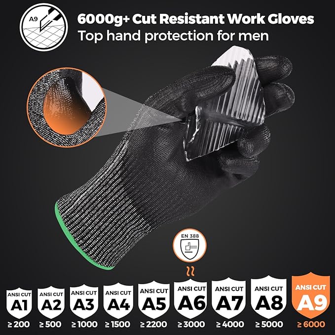 Donfri A9 Cut Resistant Work Gloves for Men - Steel + HPPE Hybrid Safety Gloves for Men, ANSI Cut Level 9 Protection Flexible for Metal Glass Wood Construction Fishing