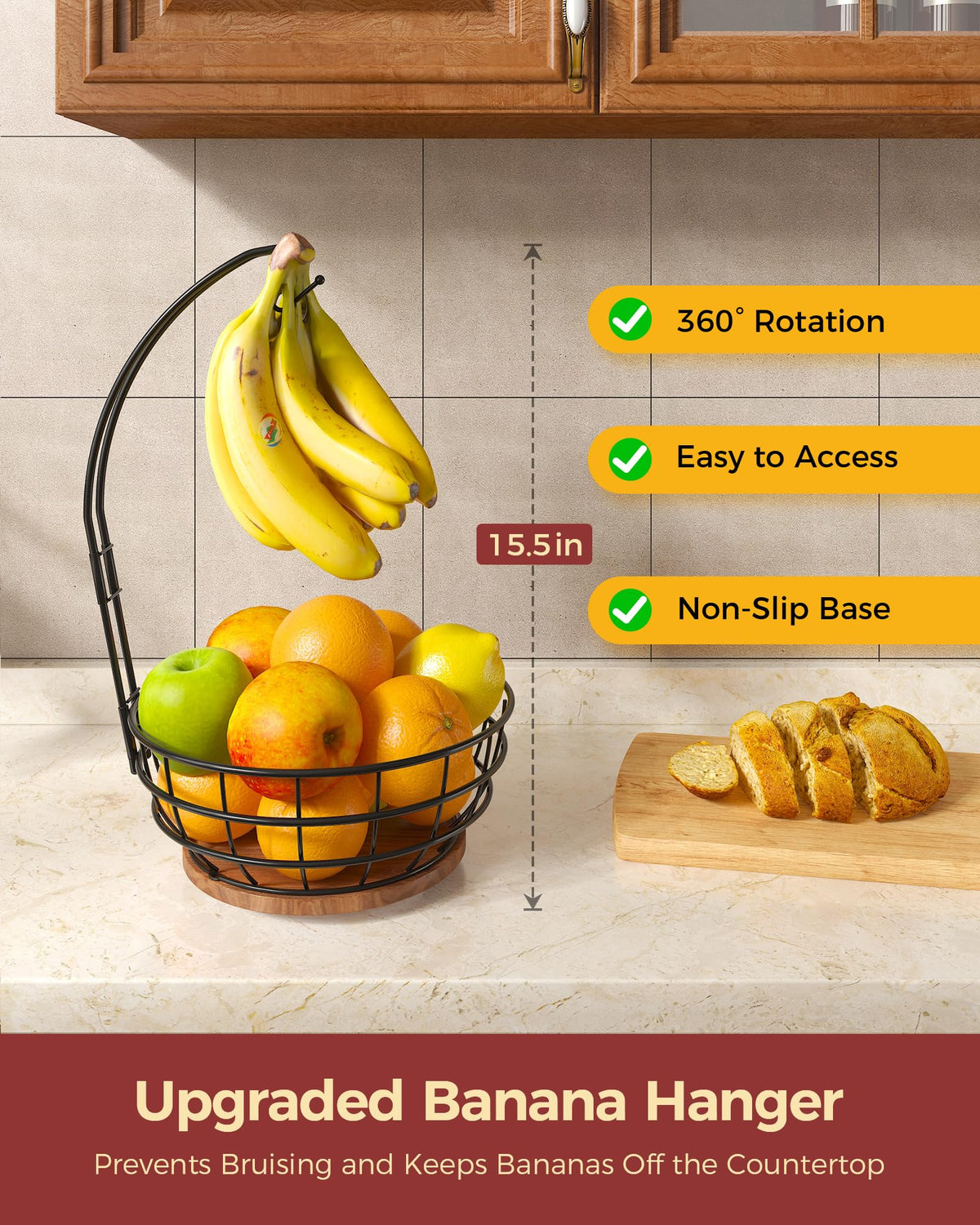 Sevenblue 360° Rotating Fruit Bowl for Kitchen Counter with Banana Holder