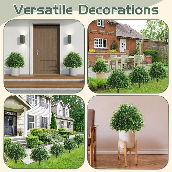 Yunlly 10 Pcs 18 Inch Artificial Boxwood Ball Topiary Tree Fake Outdoor Plants Bush, UV Resistance Faux Shrubs with Spike Realistic Greenery Potted for Indoor Garden Yard Porch Patio Decor (Green)