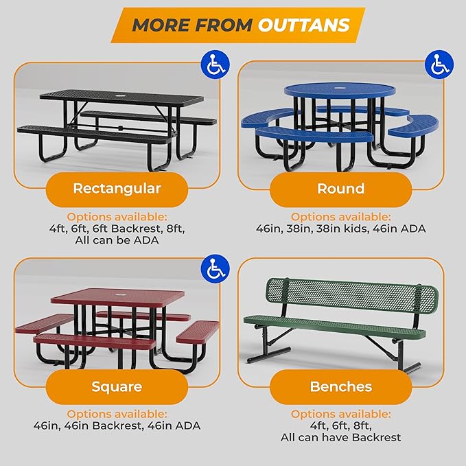 Metal Picnic Tables for Outdoors with Umbrella Hole - Coated Steel Heavy Duty Commercial Grade Table with Adjustable Seats (Red, 46 in, Round, Expanded Steel)